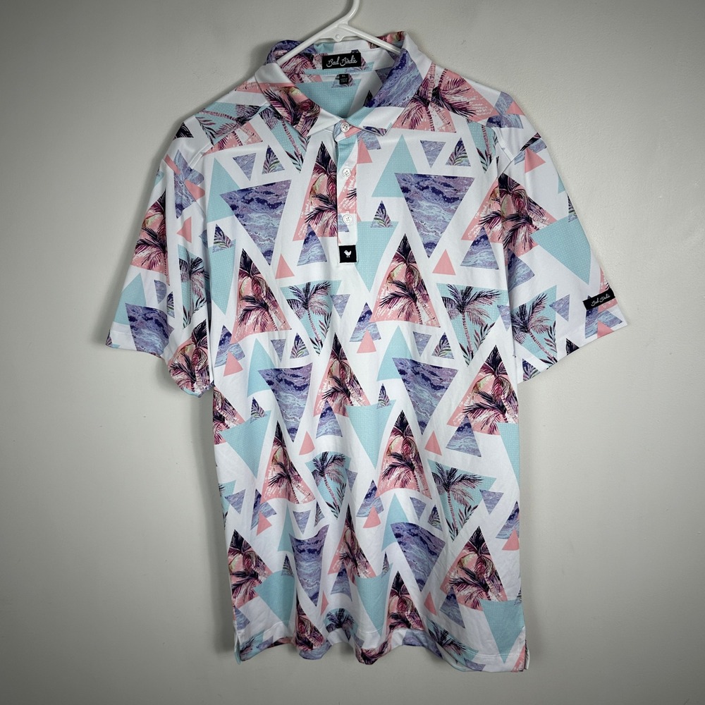 Bad Birdie Short Sleeve Printed Polo Shirt Mens Size XL Palm Tree Pastel Hawaiin